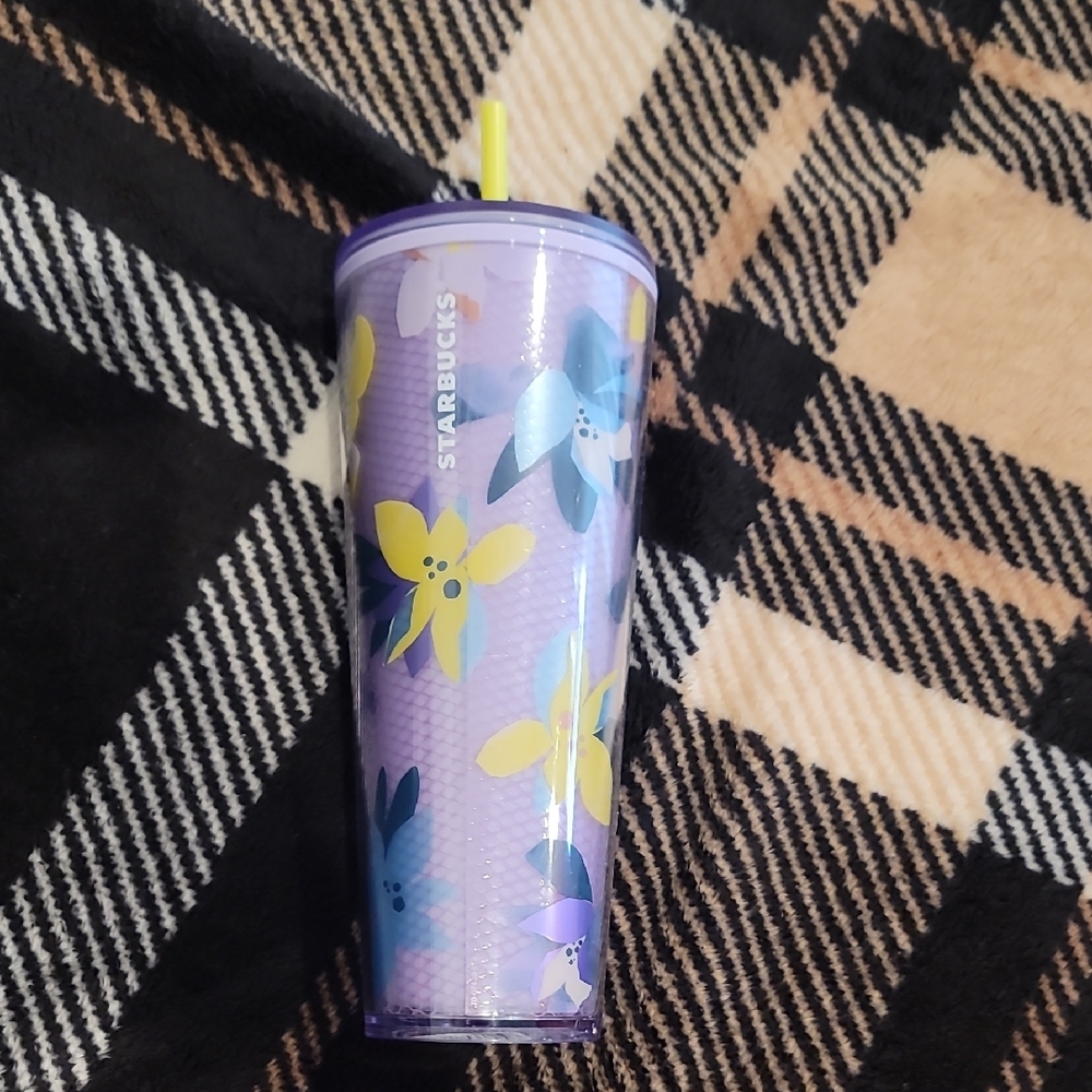 Starbucks Purple Floral Tumbler with Yellow Straw
